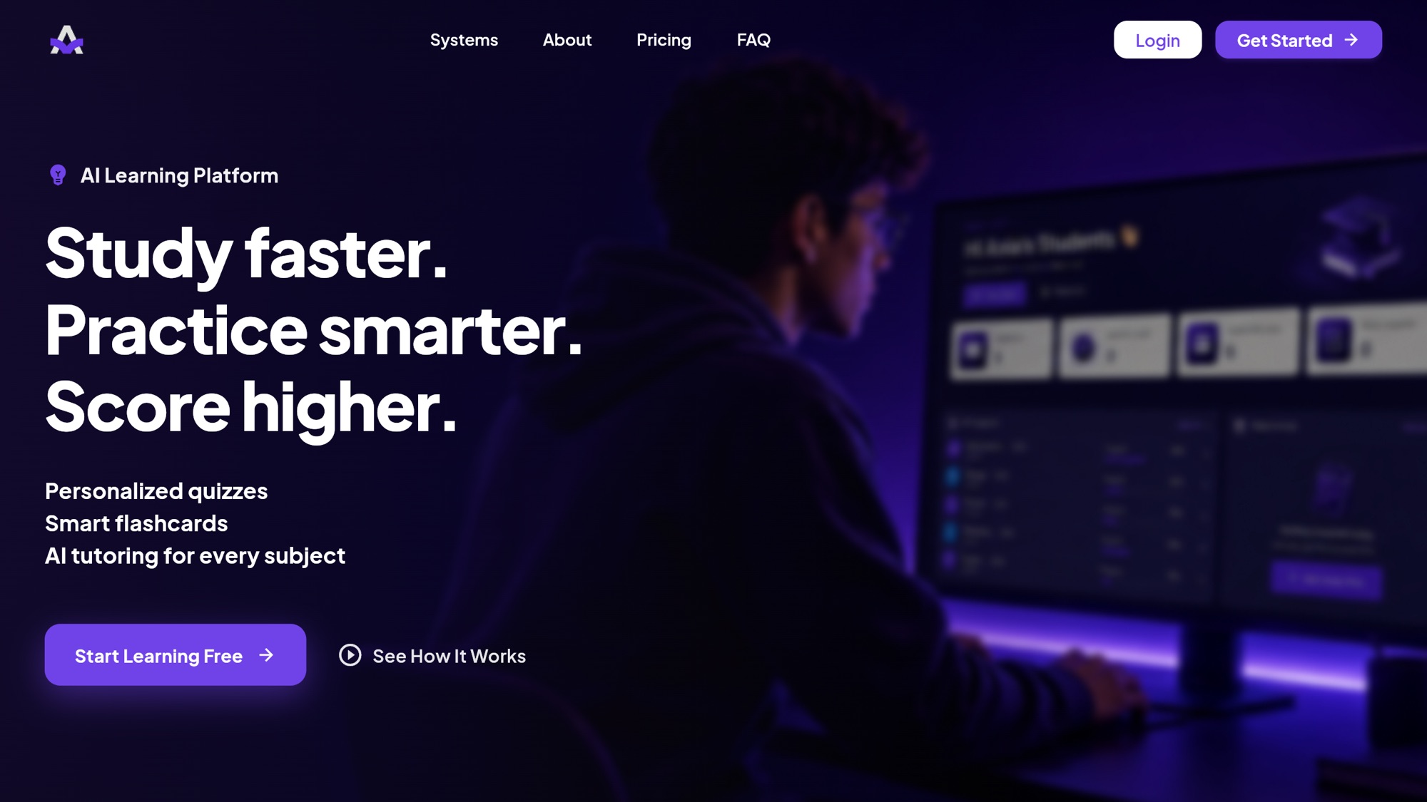 Axia Prep landing page with its Study faster, Practice smarter, Score higher headline