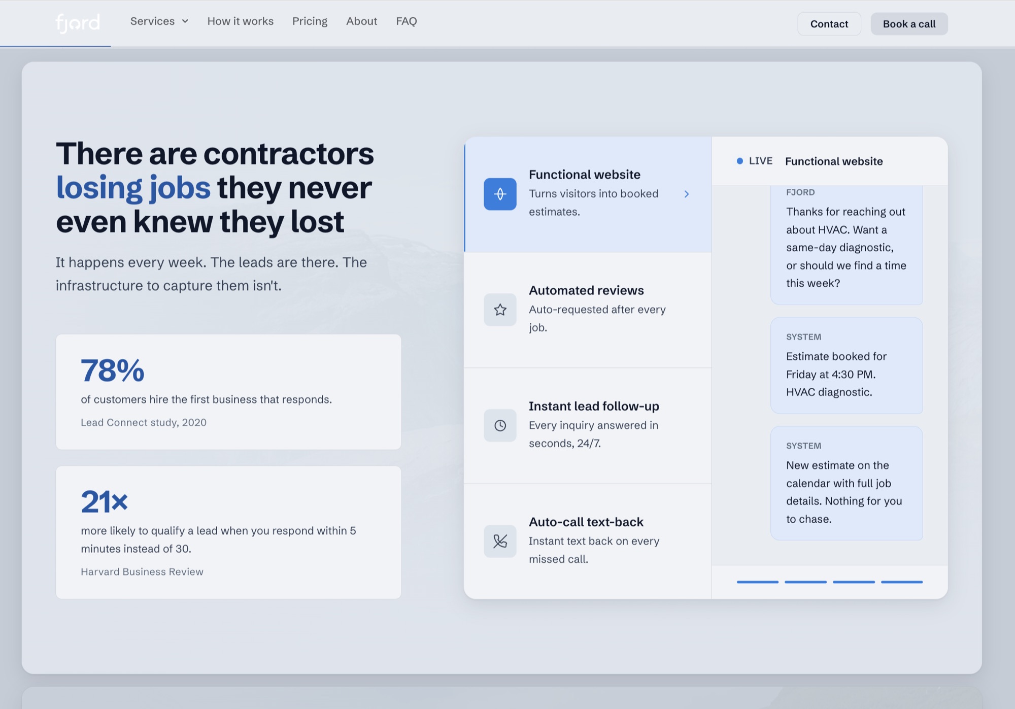 Fjord landing page for contractor lead capture and automation