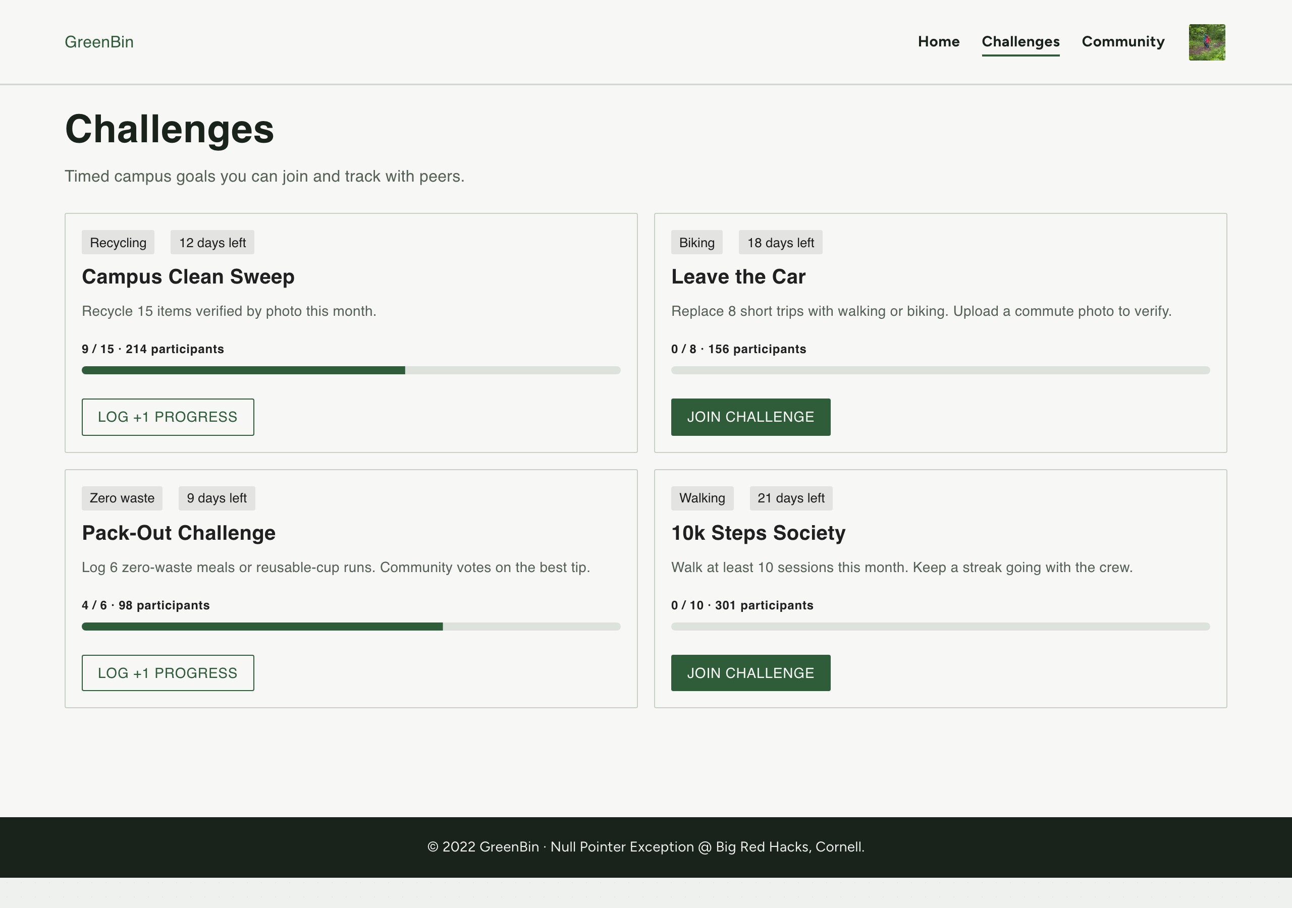 GreenBin - Challenges page with campus goals and progress