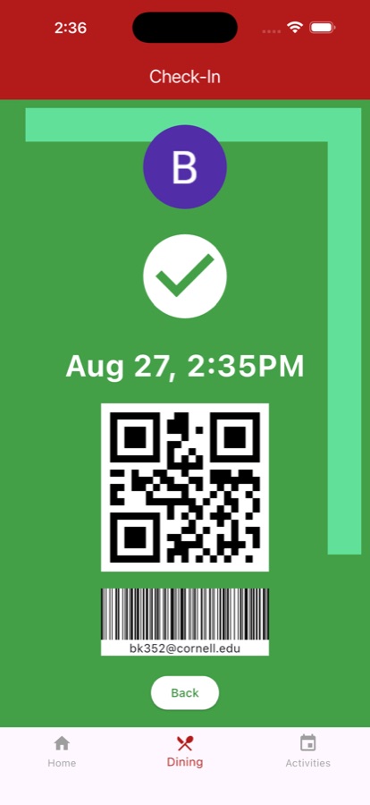 MyResLife dining check-in pass with QR code